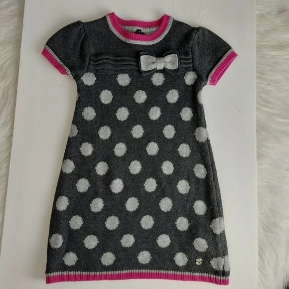 Mayoral Chic Short Sleeve Gray Pink Polka Dot Sweater Dress Size 4 Pullover EUC - Picture 2 of 11